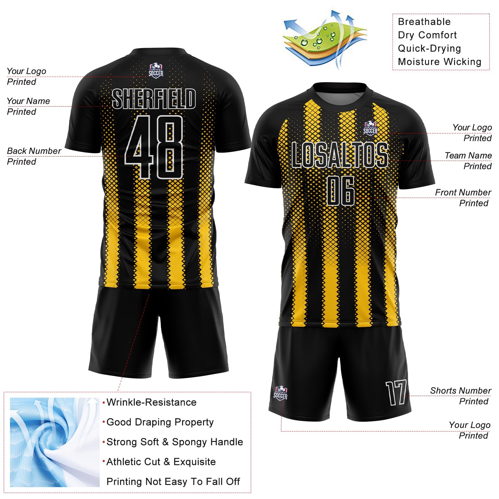 Custom Black Yellow-White Geometric Shape Sublimation Soccer Uniform Jersey view 4