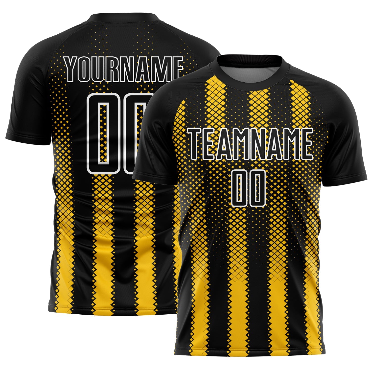 Custom Black Yellow-White Geometric Shape Sublimation Soccer Uniform Jersey - Main View