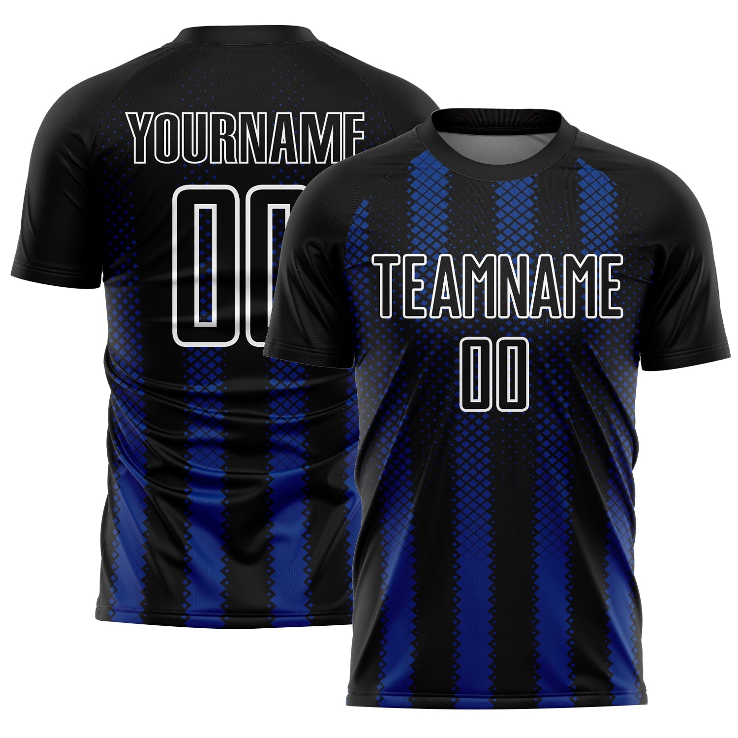 Custom Black Royal-White Geometric Shape Sublimation Soccer Uniform Jersey - Main View