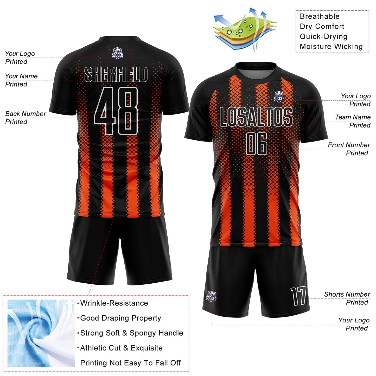 Custom Black Orange-White Geometric Shape Sublimation Soccer Uniform Jersey view 4