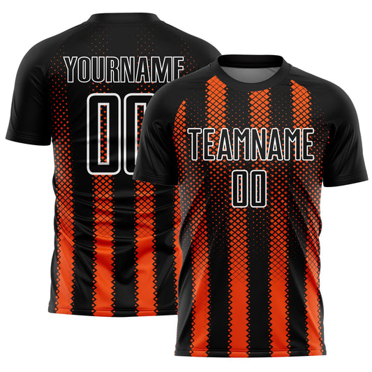 Custom Black Orange-White Geometric Shape Sublimation Soccer Uniform Jersey - Main View