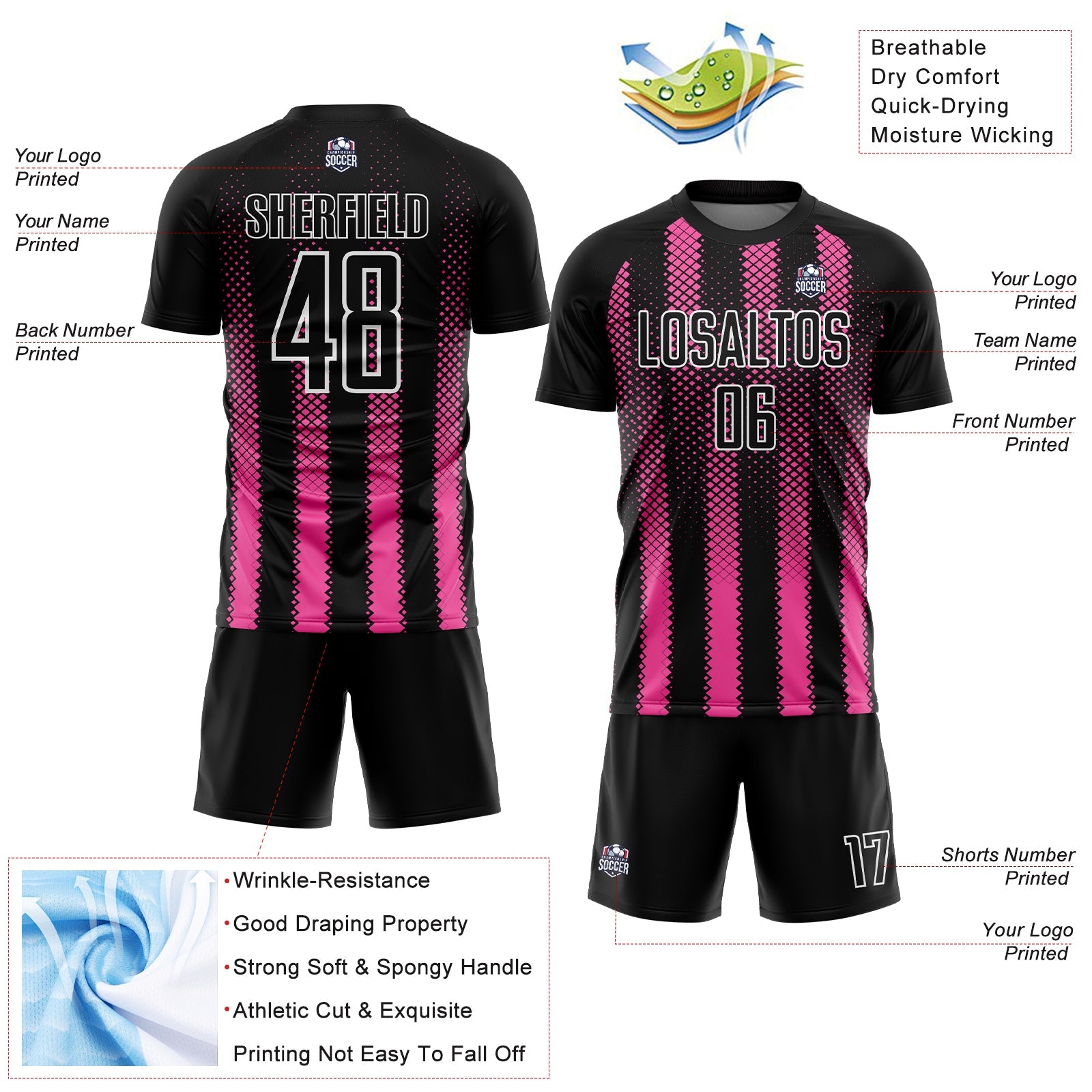 Custom Black Pink-White Geometric Shape Sublimation Soccer Uniform Jersey view 4