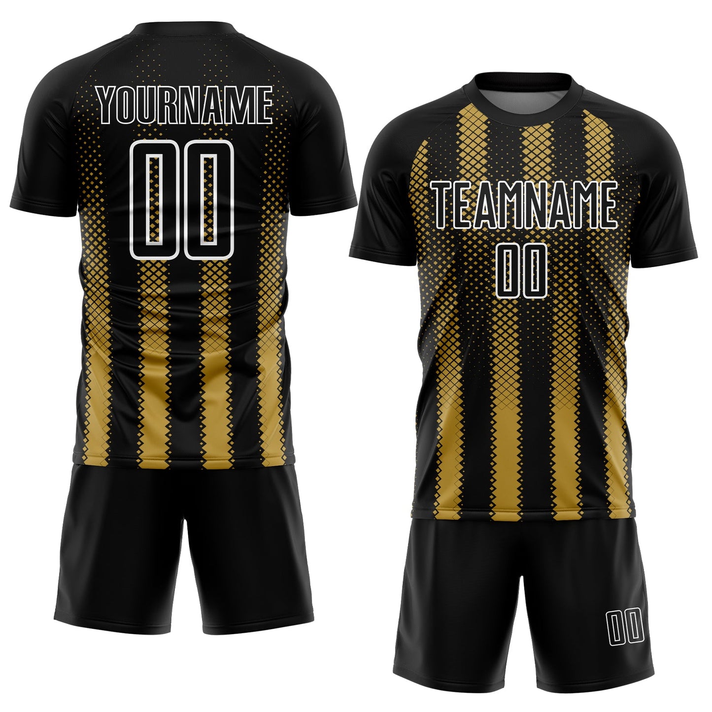 Custom Black Old Gold-White Geometric Shape Sublimation Soccer Uniform Jersey view 2