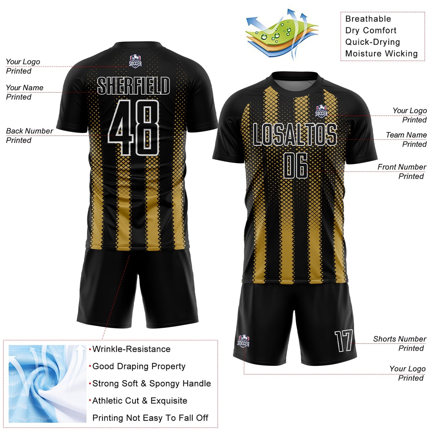 Custom Black Old Gold-White Geometric Shape Sublimation Soccer Uniform Jersey view 4