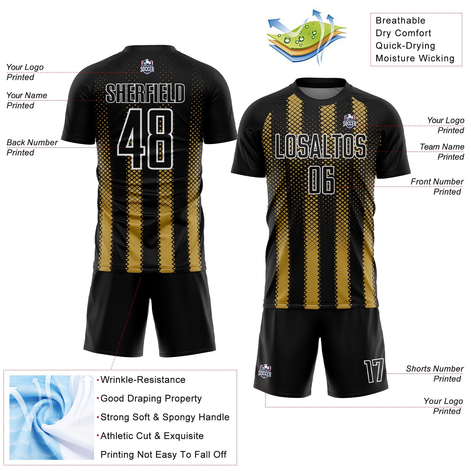 Custom Black Old Gold-White Geometric Shape Sublimation Soccer Uniform Jersey view 4