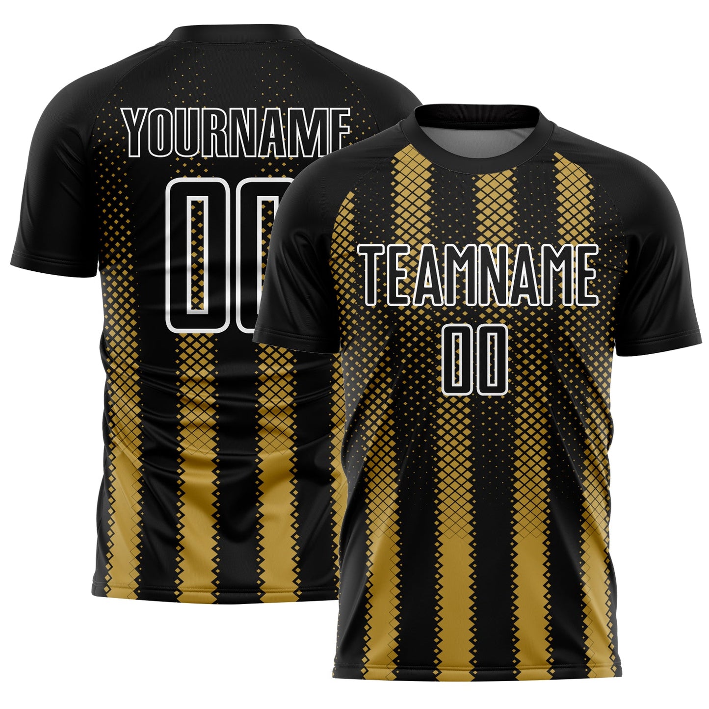 Custom Black Old Gold-White Geometric Shape Sublimation Soccer Uniform Jersey - Main View