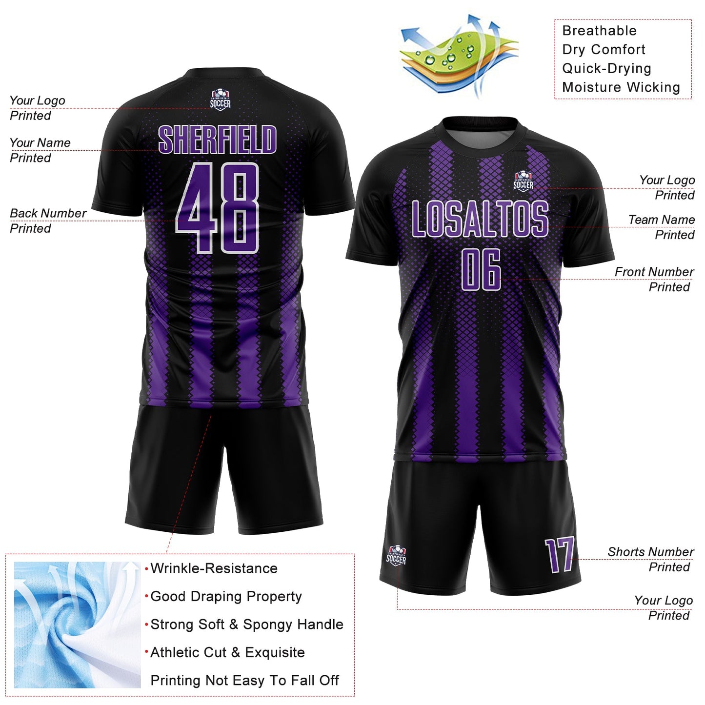 Custom Black Purple-White Geometric Shape Sublimation Soccer Uniform Jersey view 4