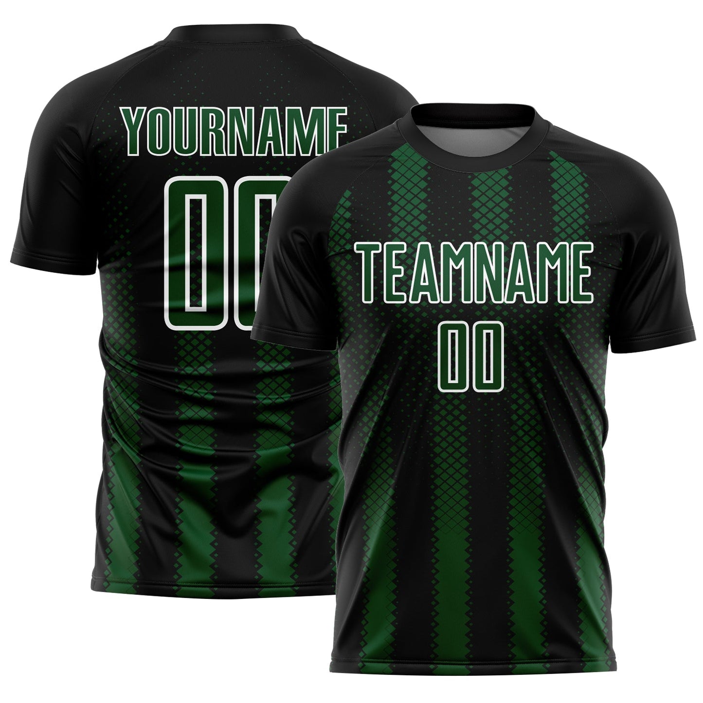Custom Black Green-White Geometric Shape Sublimation Soccer Uniform Jersey - Main View