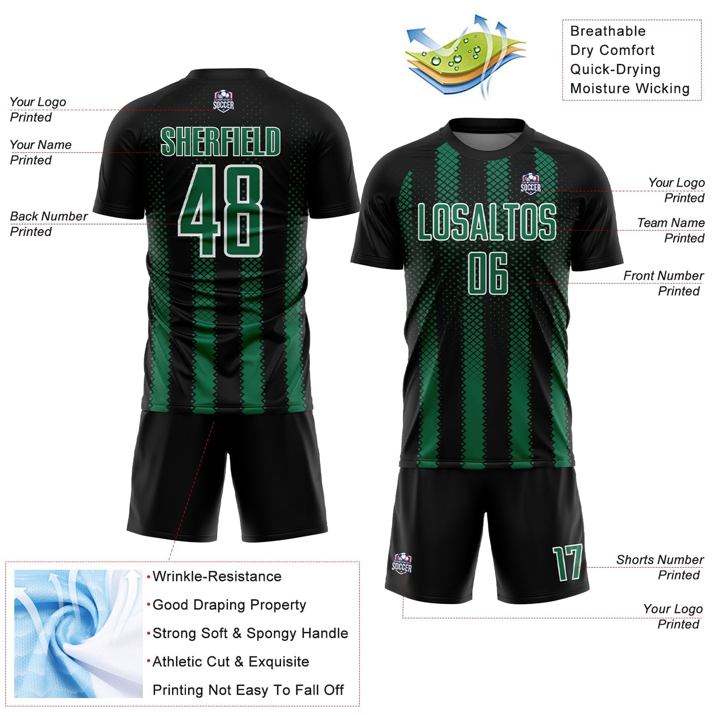 Custom Black Kelly Green-White Geometric Shape Sublimation Soccer Uniform Jersey view 4