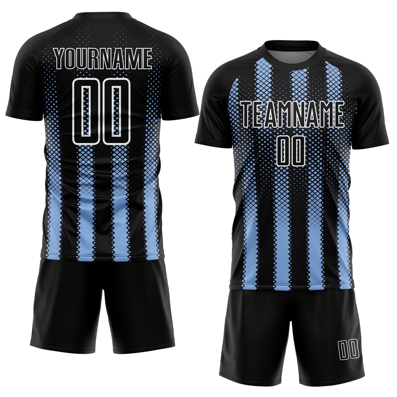 Custom Black Light Blue-White Geometric Shape Sublimation Soccer Uniform Jersey view 2
