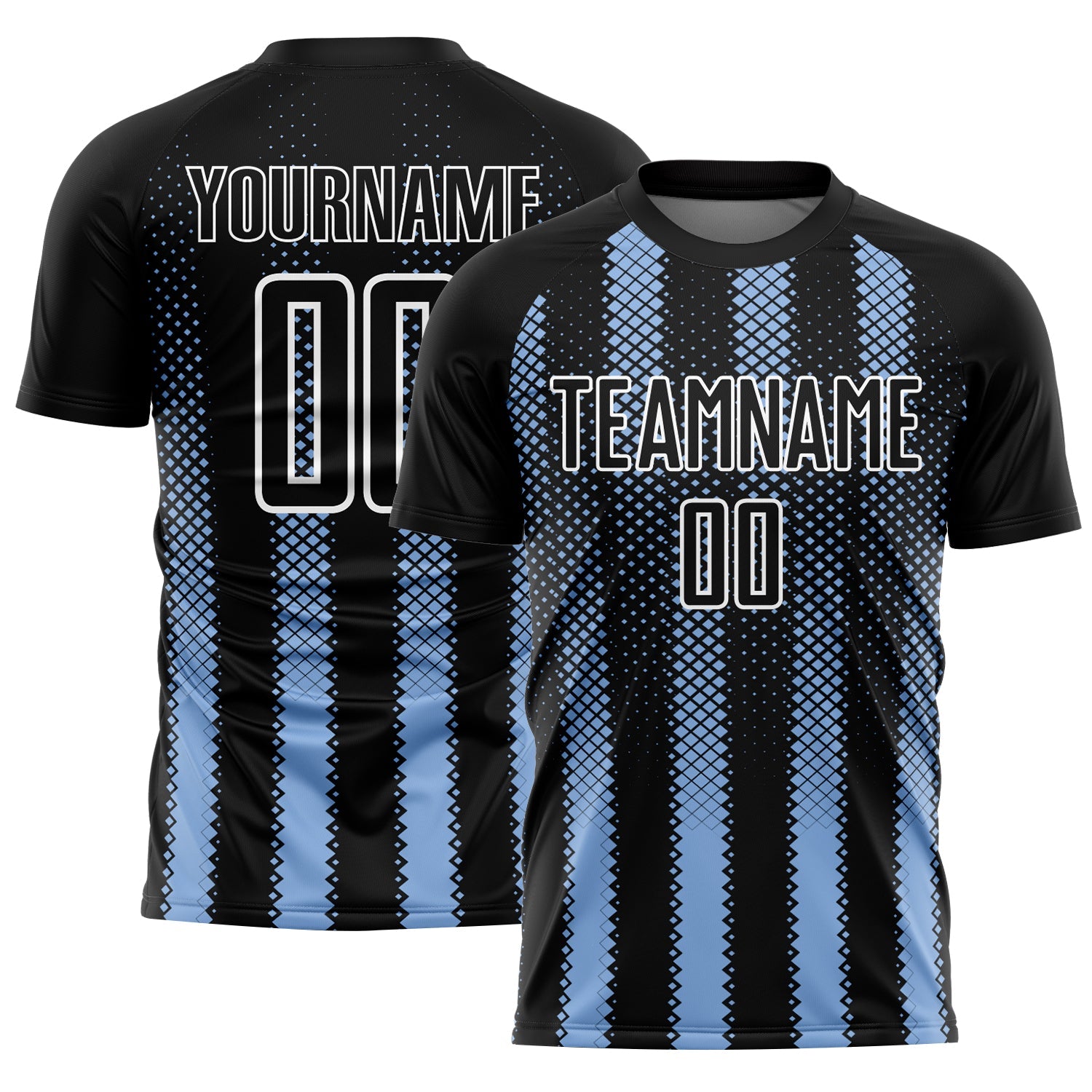 Custom Black Light Blue-White Geometric Shape Sublimation Soccer Uniform Jersey - Main View