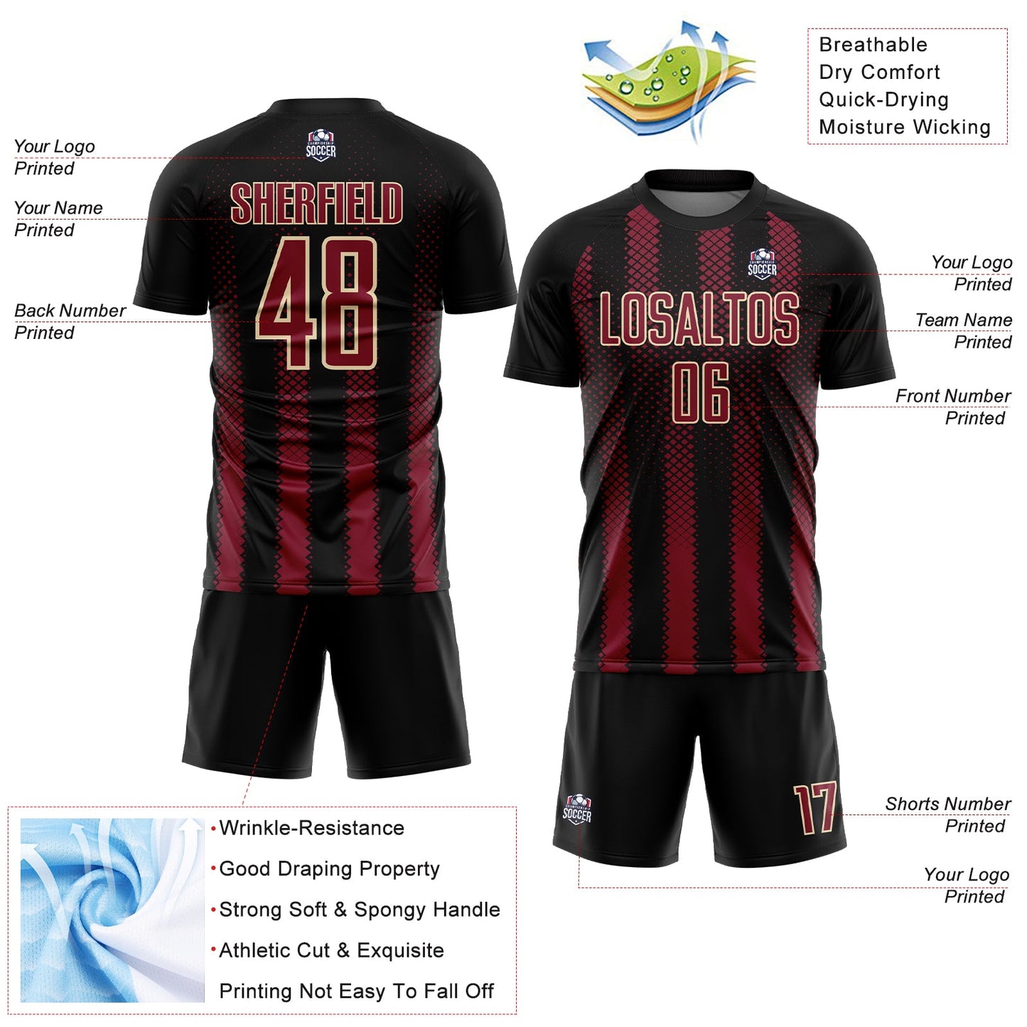 Custom Black Crimson-Cream Geometric Shape Sublimation Soccer Uniform Jersey view 4