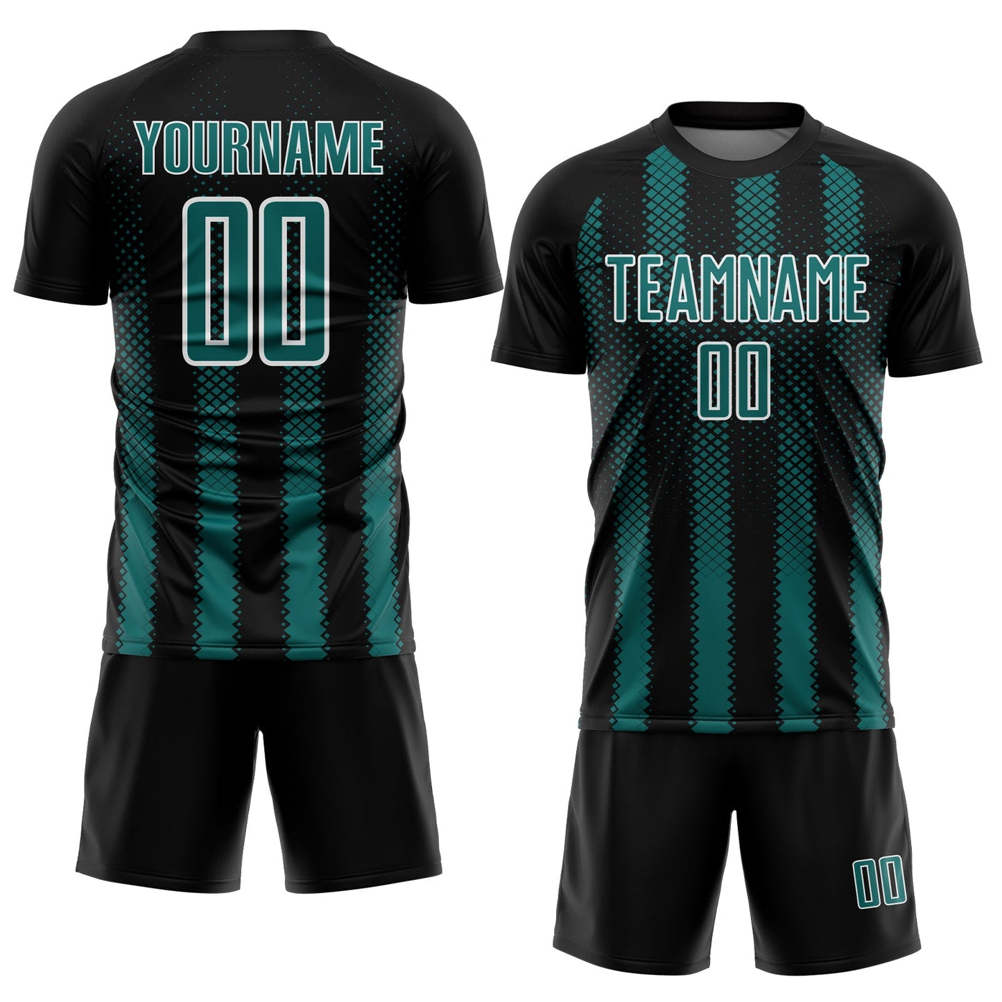 Custom Black Teal-White Geometric Shape Sublimation Soccer Uniform Jersey view 2