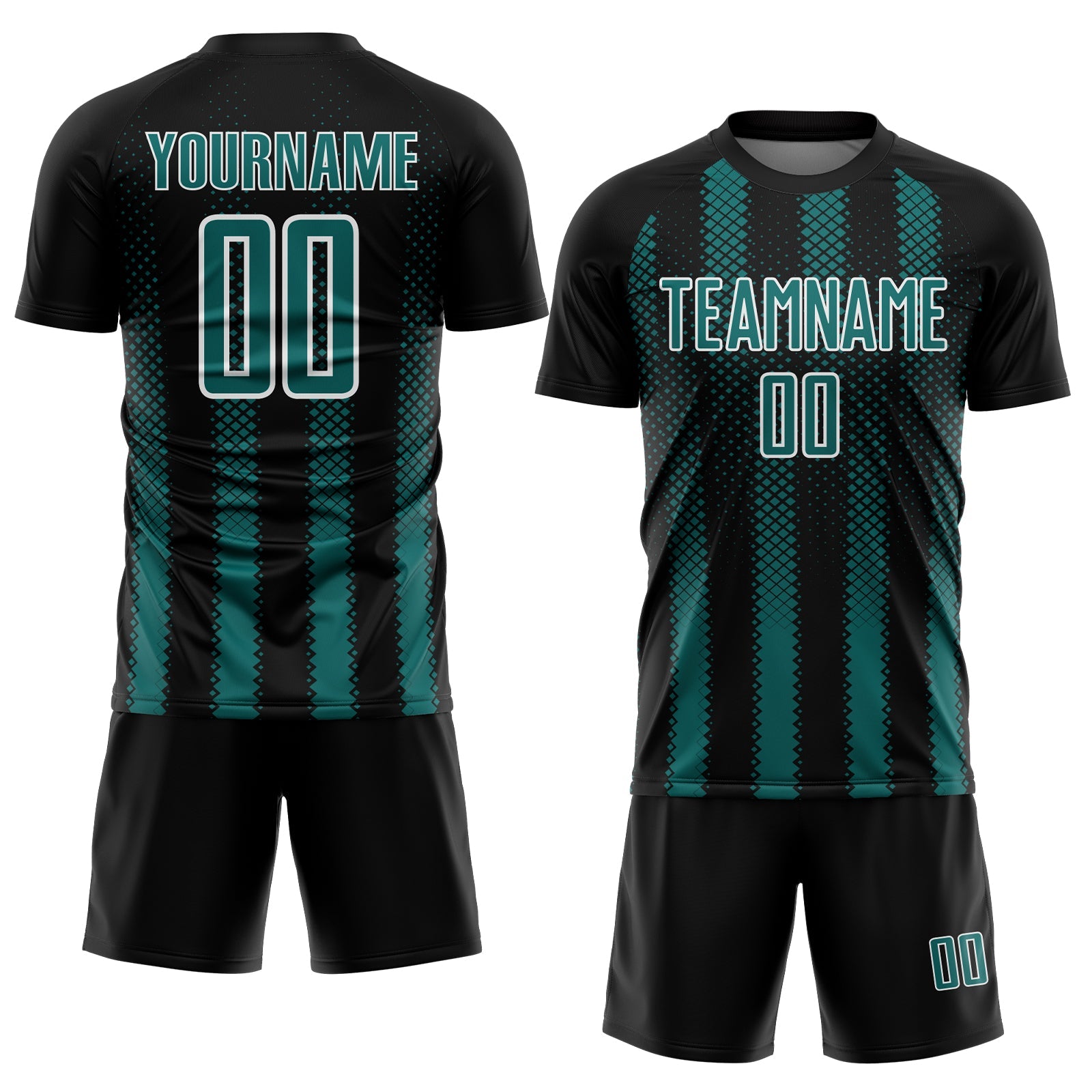 Custom Black Teal-White Geometric Shape Sublimation Soccer Uniform Jersey view 2