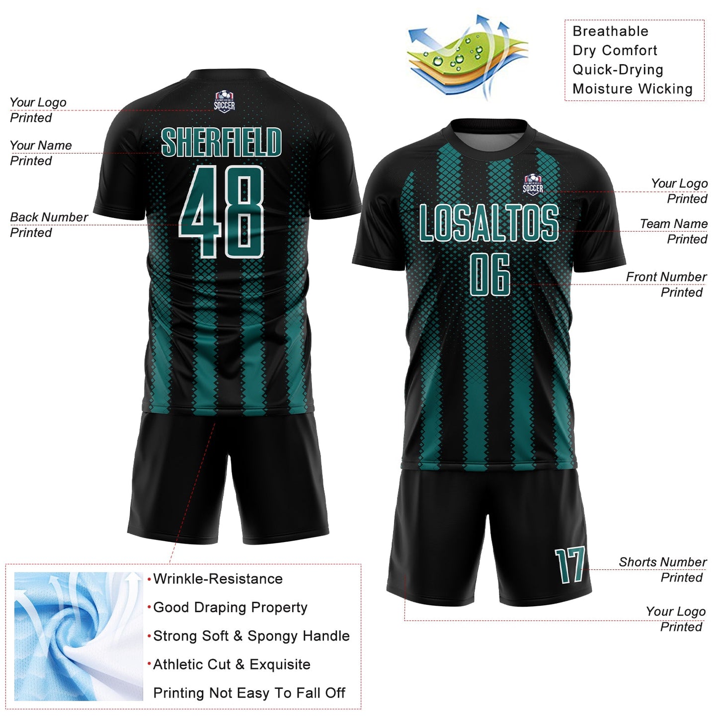 Custom Black Teal-White Geometric Shape Sublimation Soccer Uniform Jersey view 4