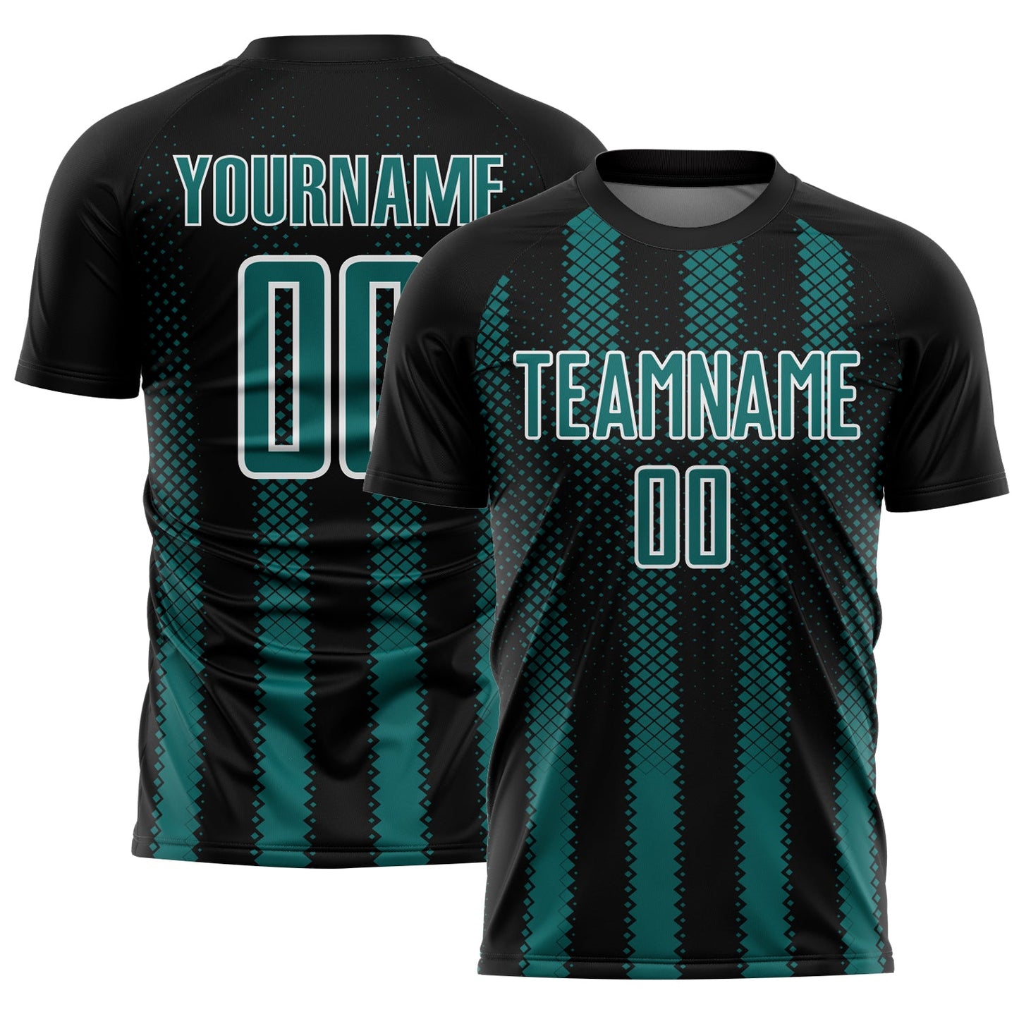 Custom Black Teal-White Geometric Shape Sublimation Soccer Uniform Jersey - Main View