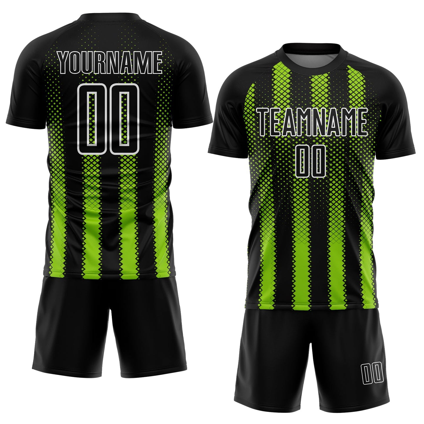 Custom Black Neon Green-White Geometric Shape Sublimation Soccer Uniform Jersey view 2