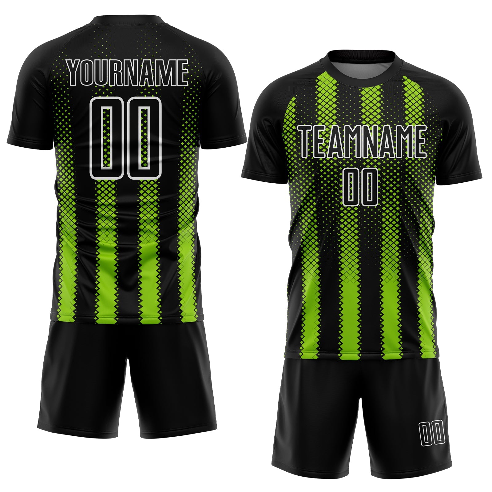 Custom Black Neon Green-White Geometric Shape Sublimation Soccer Uniform Jersey view 2