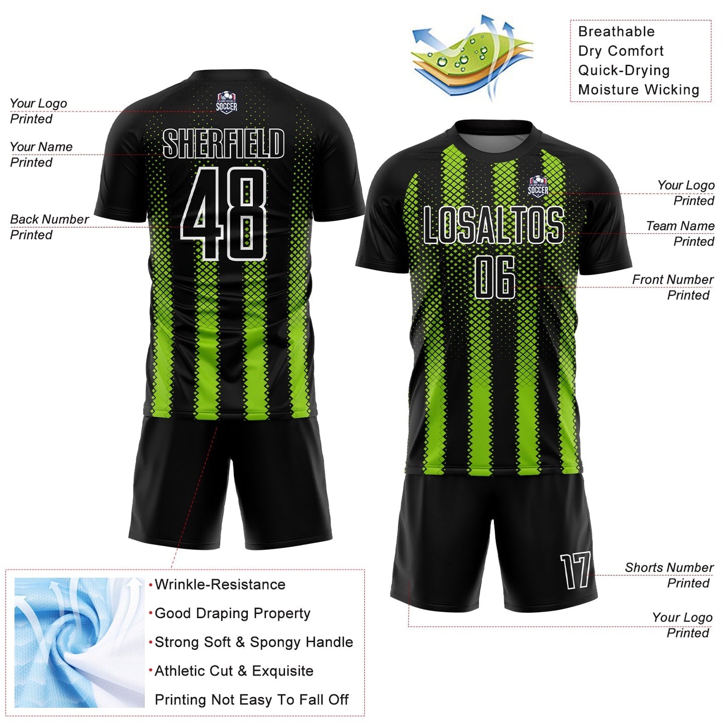 Custom Black Neon Green-White Geometric Shape Sublimation Soccer Uniform Jersey view 4