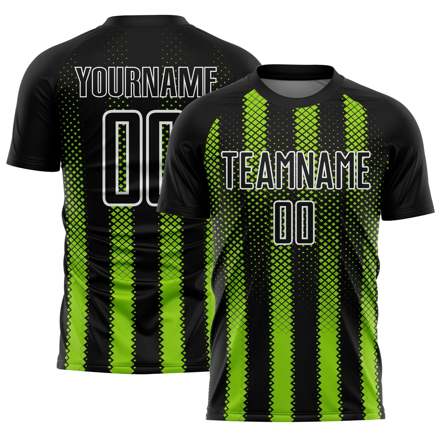 Custom Black Neon Green-White Geometric Shape Sublimation Soccer Uniform Jersey - Main View