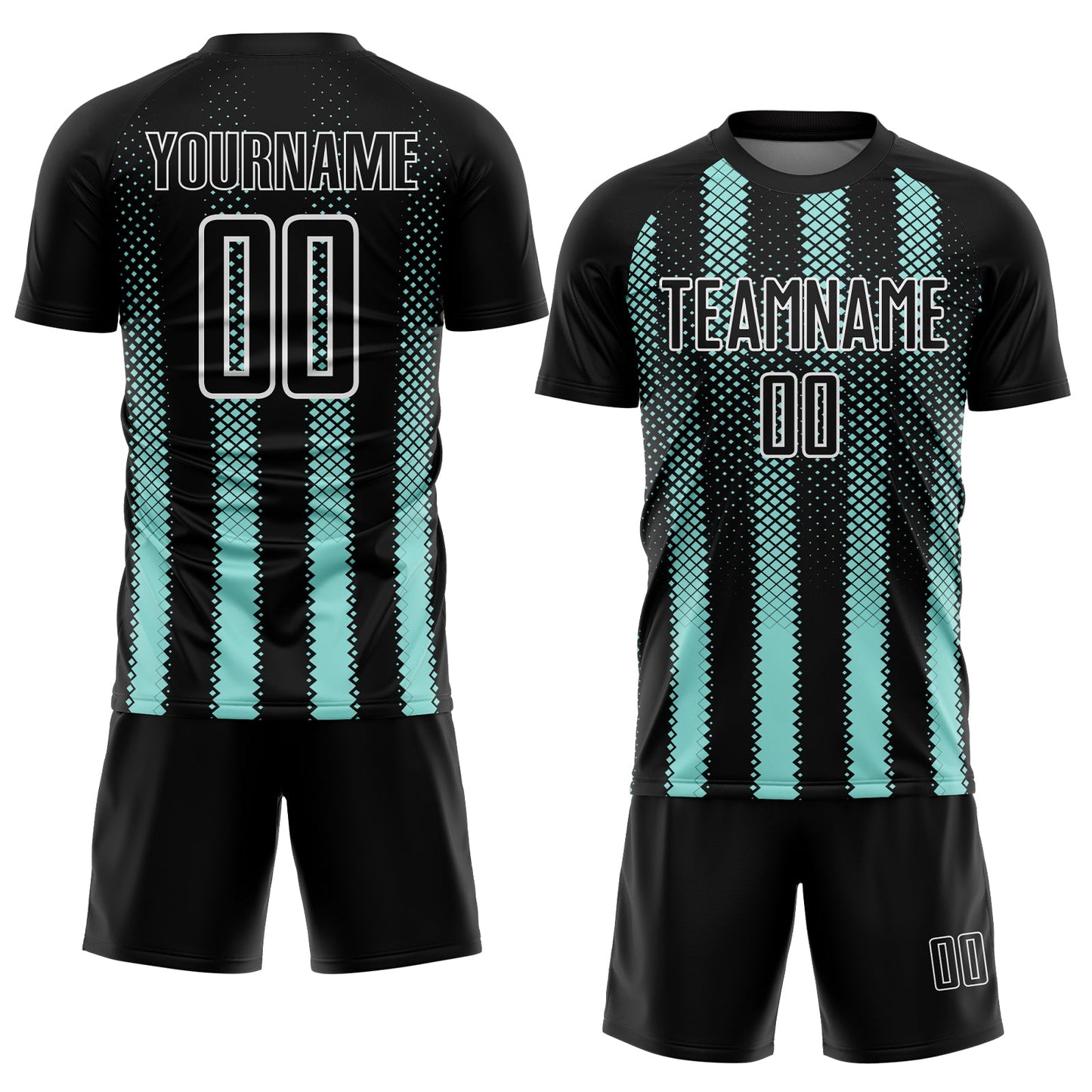 Custom Black Ice Blue-White Geometric Shape Sublimation Soccer Uniform Jersey view 2