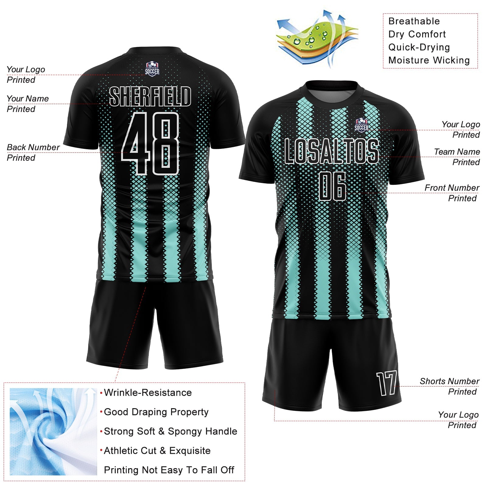 Custom Black Ice Blue-White Geometric Shape Sublimation Soccer Uniform Jersey view 4
