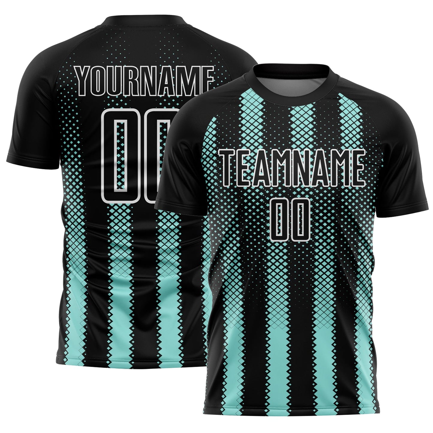 Custom Black Ice Blue-White Geometric Shape Sublimation Soccer Uniform Jersey - Main View
