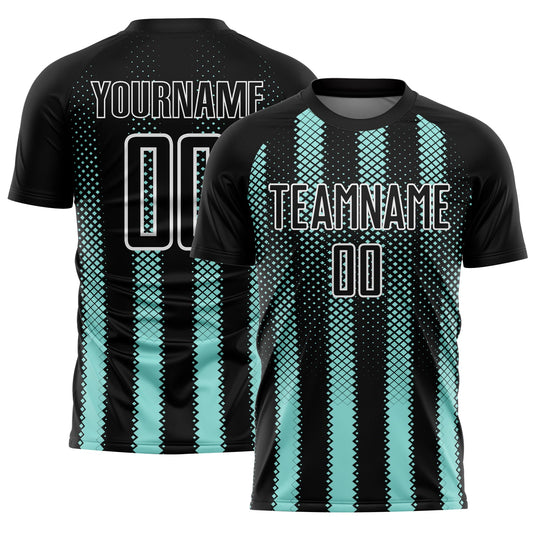 Custom Black Ice Blue-White Geometric Shape Sublimation Soccer Uniform Jersey - Main View