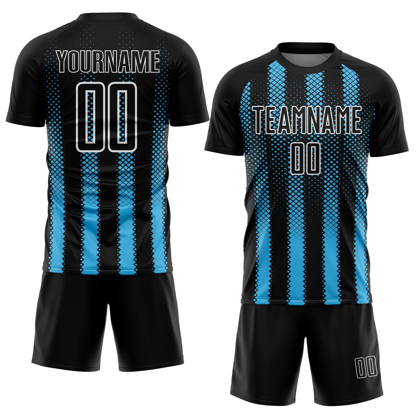 Custom Black Sky Blue-White Geometric Shape Sublimation Soccer Uniform Jersey view 2