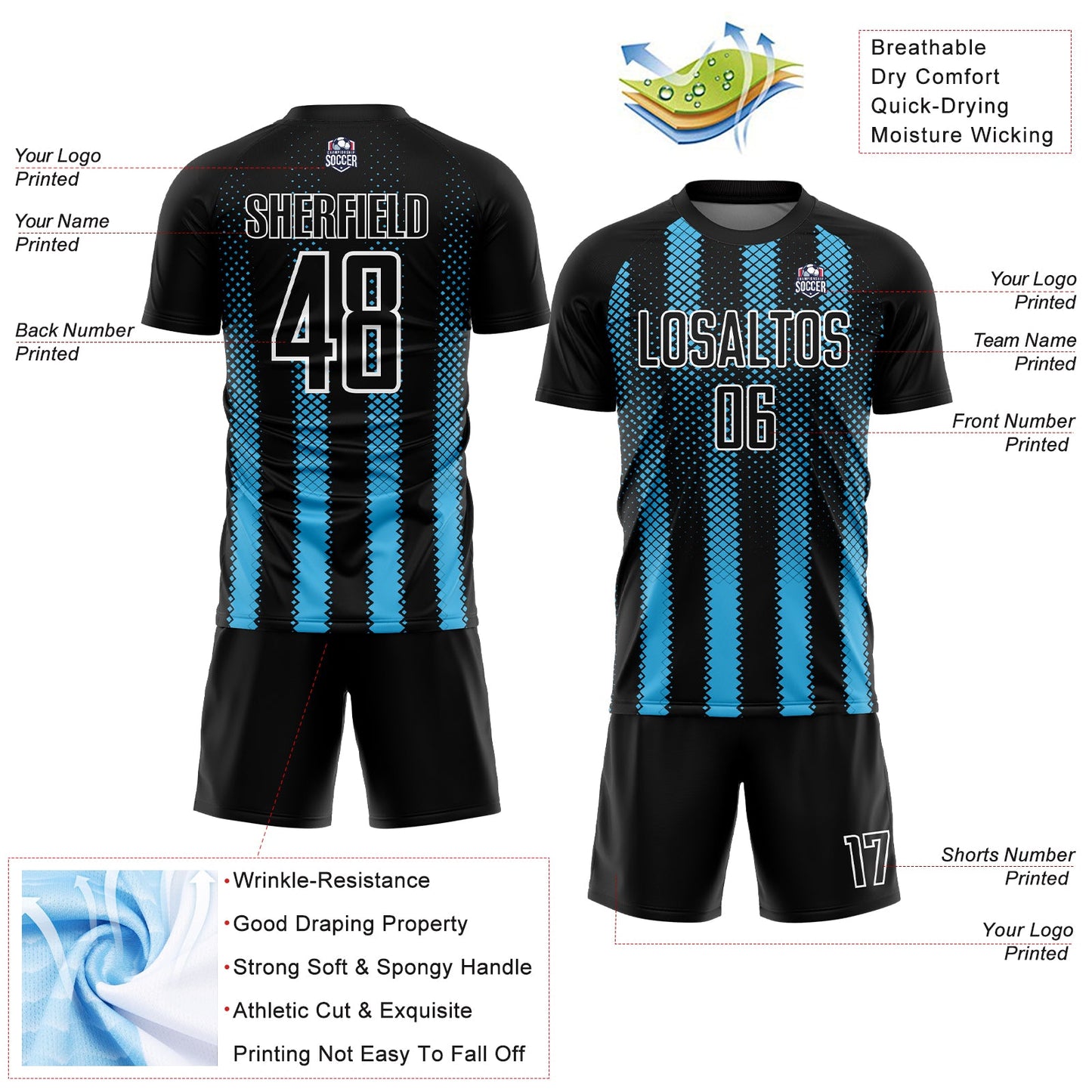 Custom Black Sky Blue-White Geometric Shape Sublimation Soccer Uniform Jersey view 4