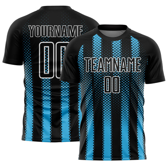 Custom Black Sky Blue-White Geometric Shape Sublimation Soccer Uniform Jersey - Main View