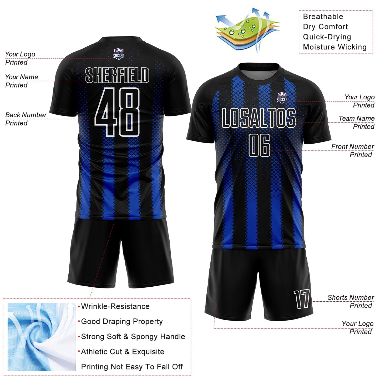 Custom Black Thunder Blue-White Geometric Shape Sublimation Soccer Uniform Jersey view 4