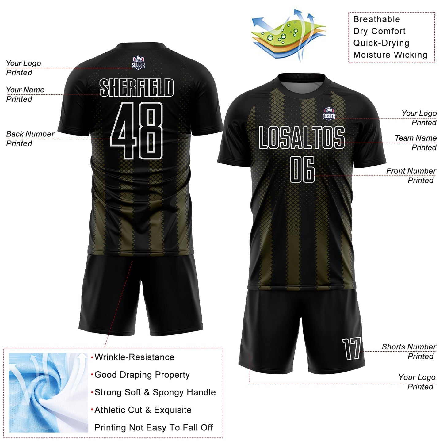 Custom Black Olive-White Geometric Shape Sublimation Soccer Uniform Jersey view 4