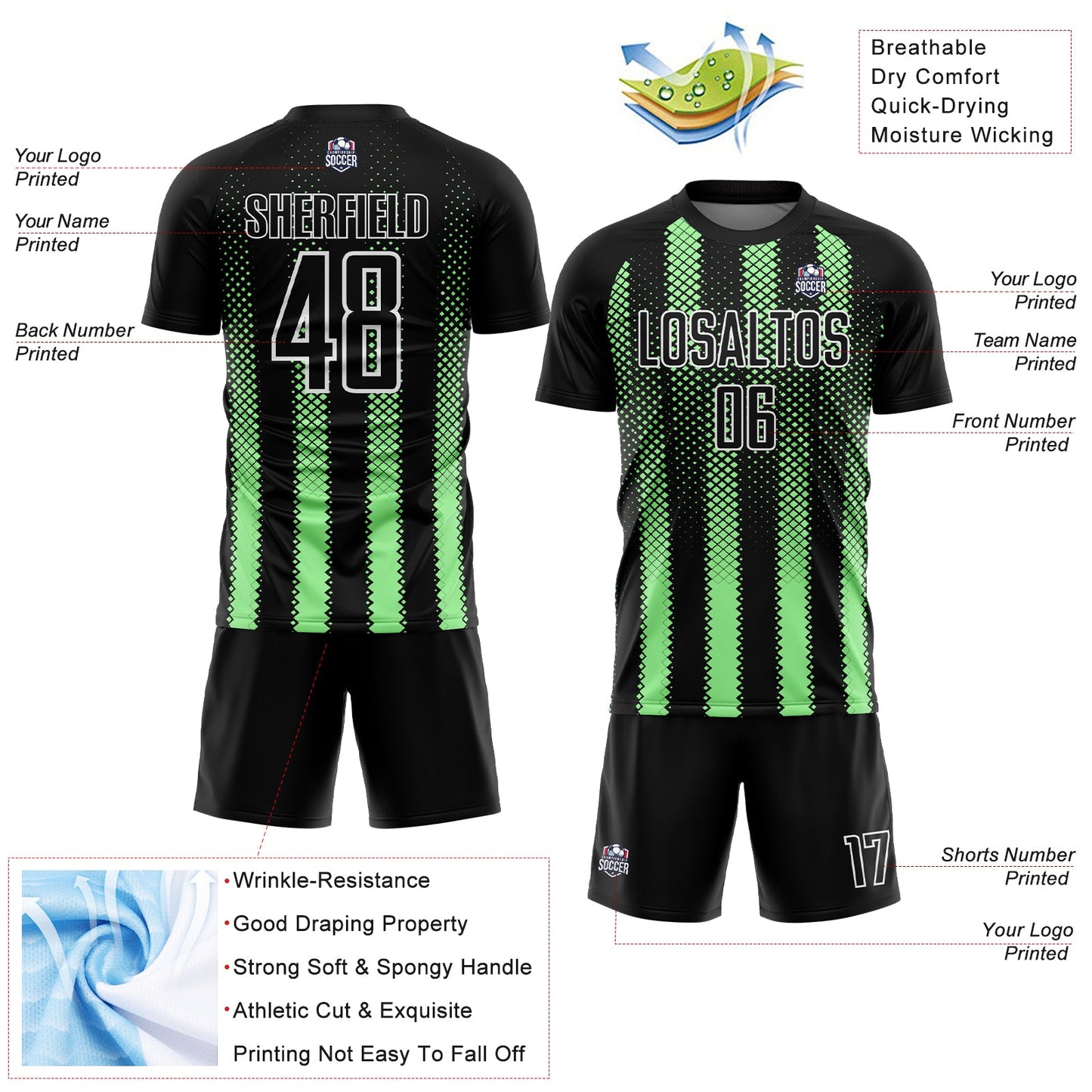 Custom Black Pea Green-White Geometric Shape Sublimation Soccer Uniform Jersey view 4