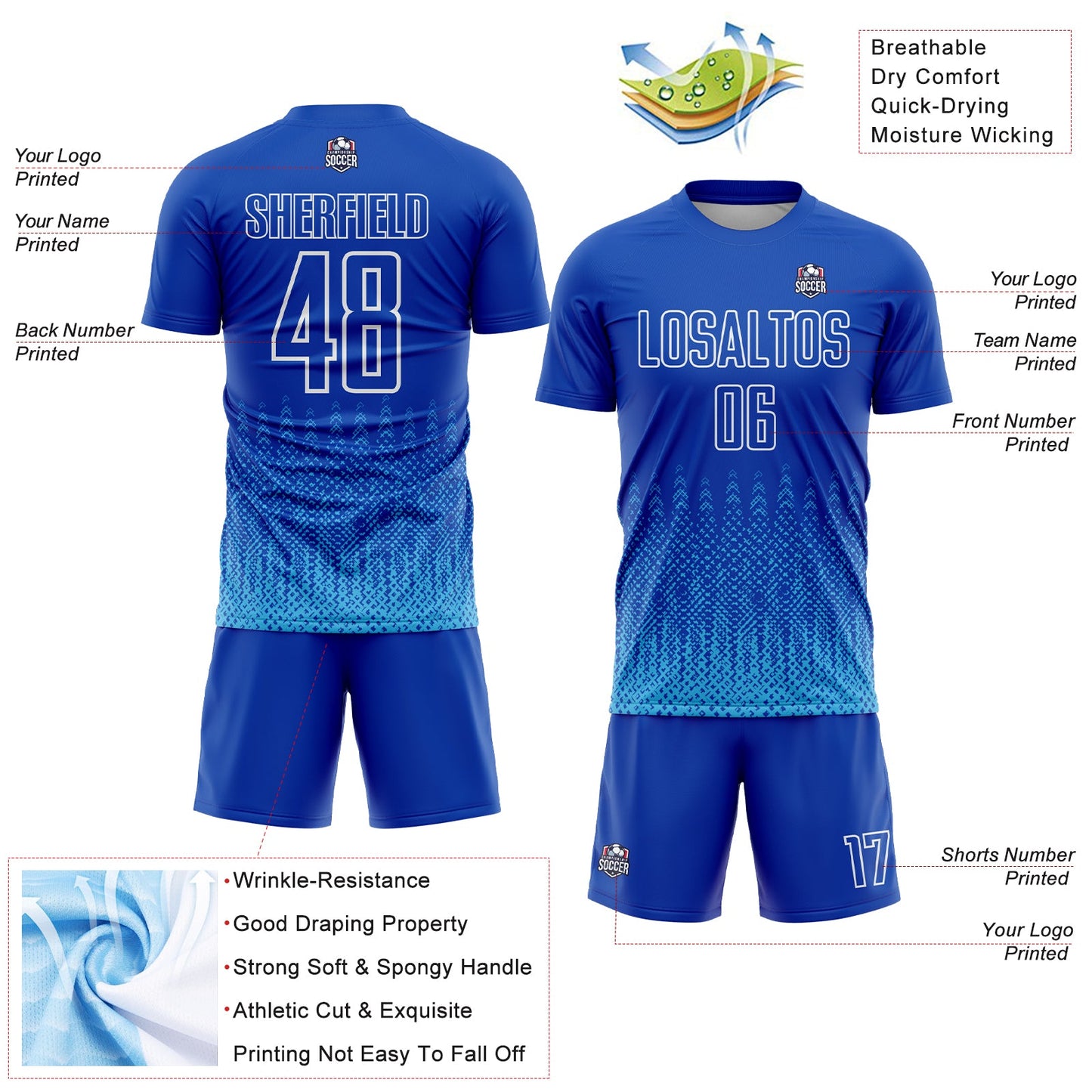 Custom Royal Sky Blue-White Geometric Shape Sublimation Soccer Uniform Jersey view 4
