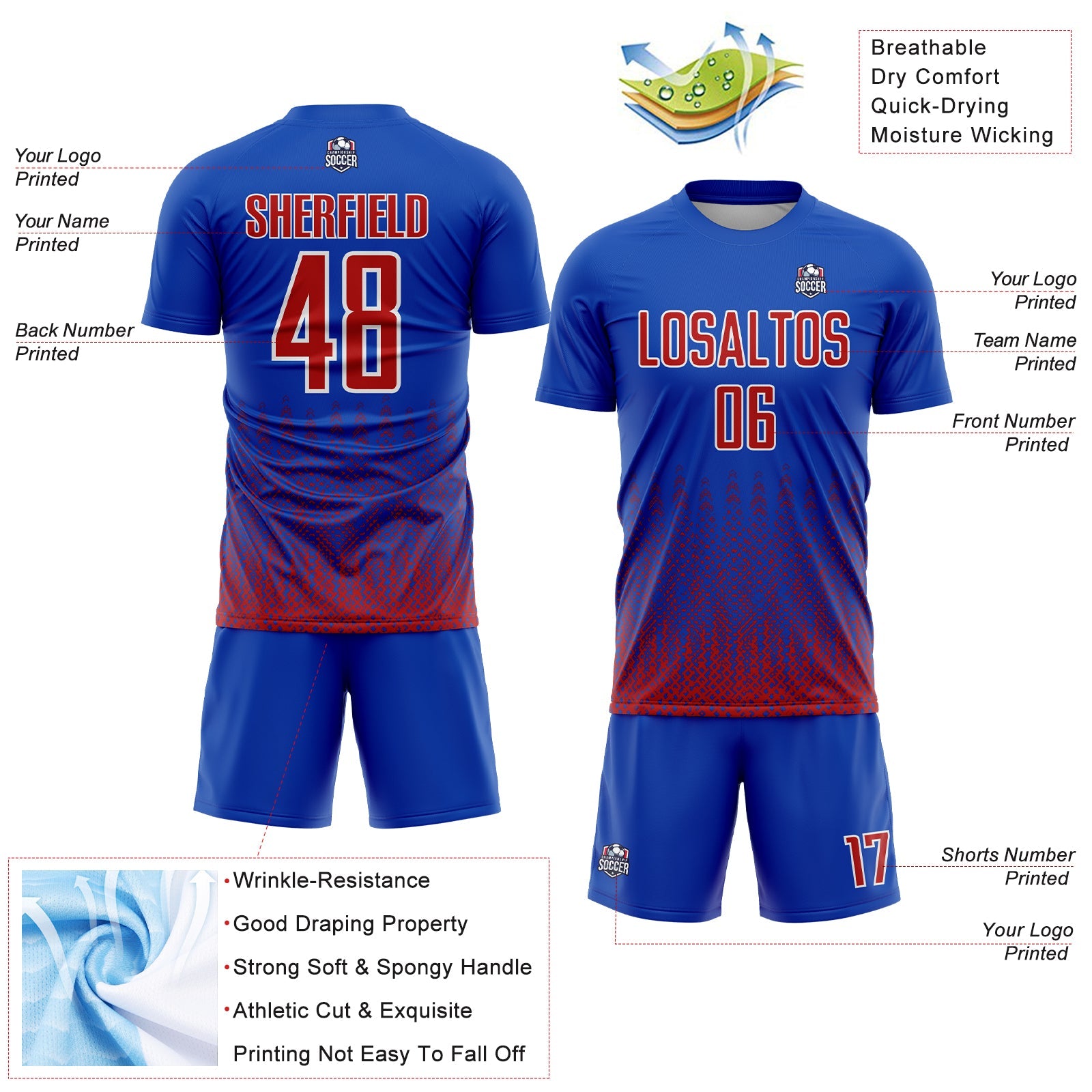 Custom Royal Red-White Geometric Shape Sublimation Soccer Uniform Jersey view 4