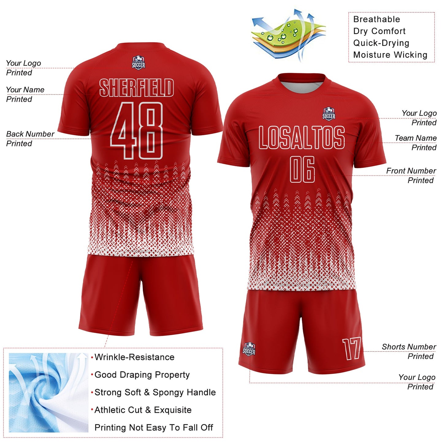 Custom Red White Geometric Shape Sublimation Soccer Uniform Jersey view 4