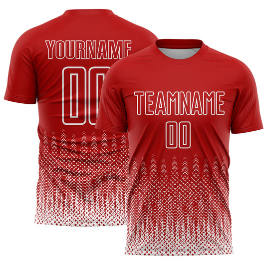 Custom Red White Geometric Shape Sublimation Soccer Uniform Jersey - Main View