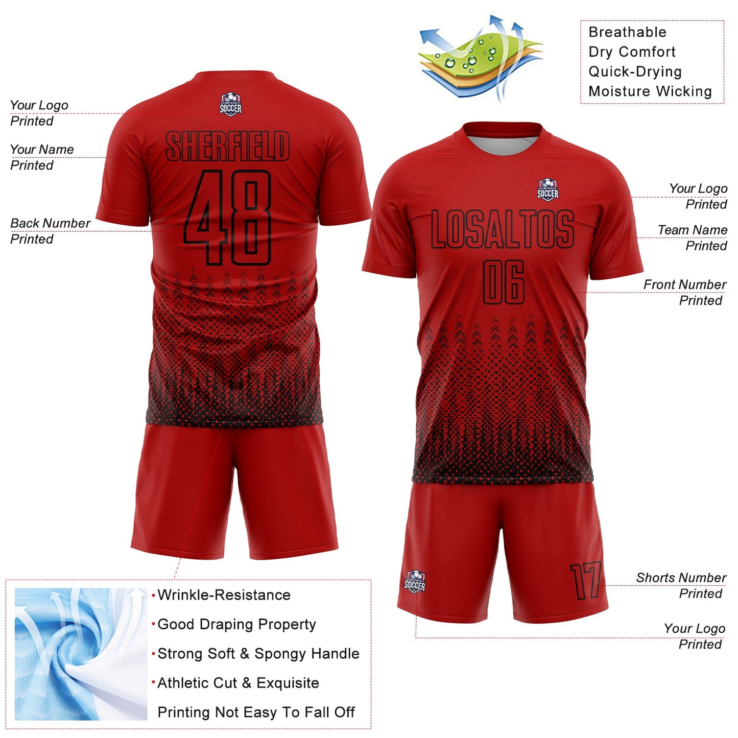 Custom Red Black Geometric Shape Sublimation Soccer Uniform Jersey view 4