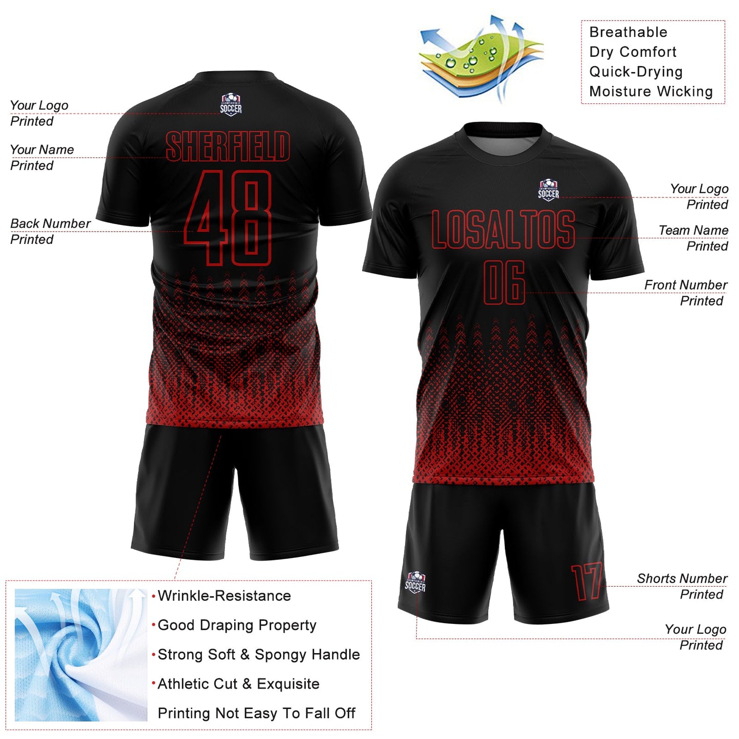 Custom Black Red Geometric Shape Sublimation Soccer Uniform Jersey view 4