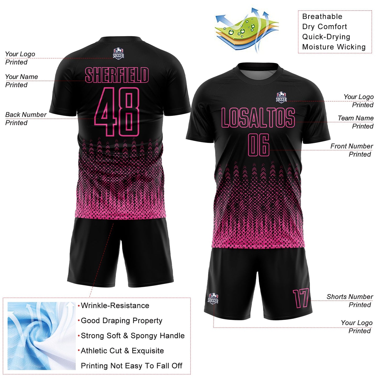 Custom Black Pink Geometric Shape Sublimation Soccer Uniform Jersey view 4