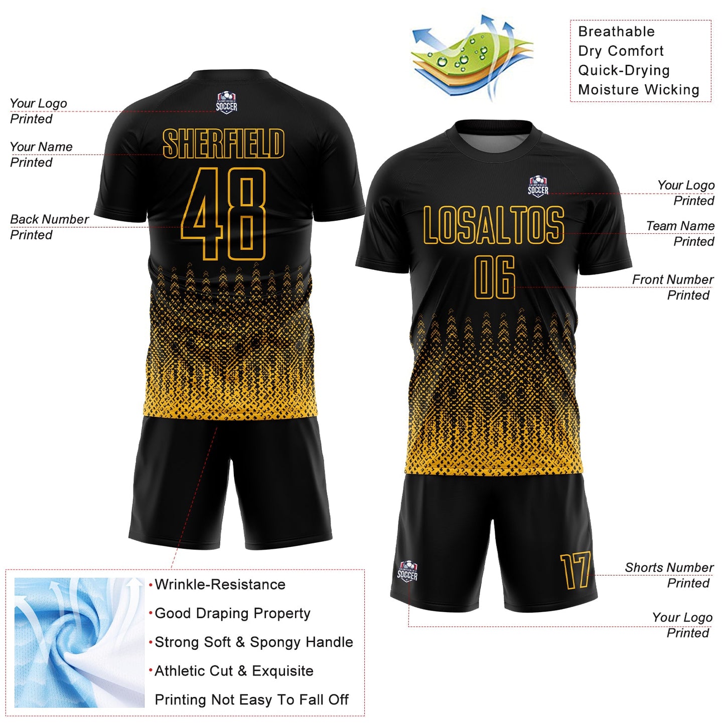 Custom Black Gold Geometric Shape Sublimation Soccer Uniform Jersey view 4