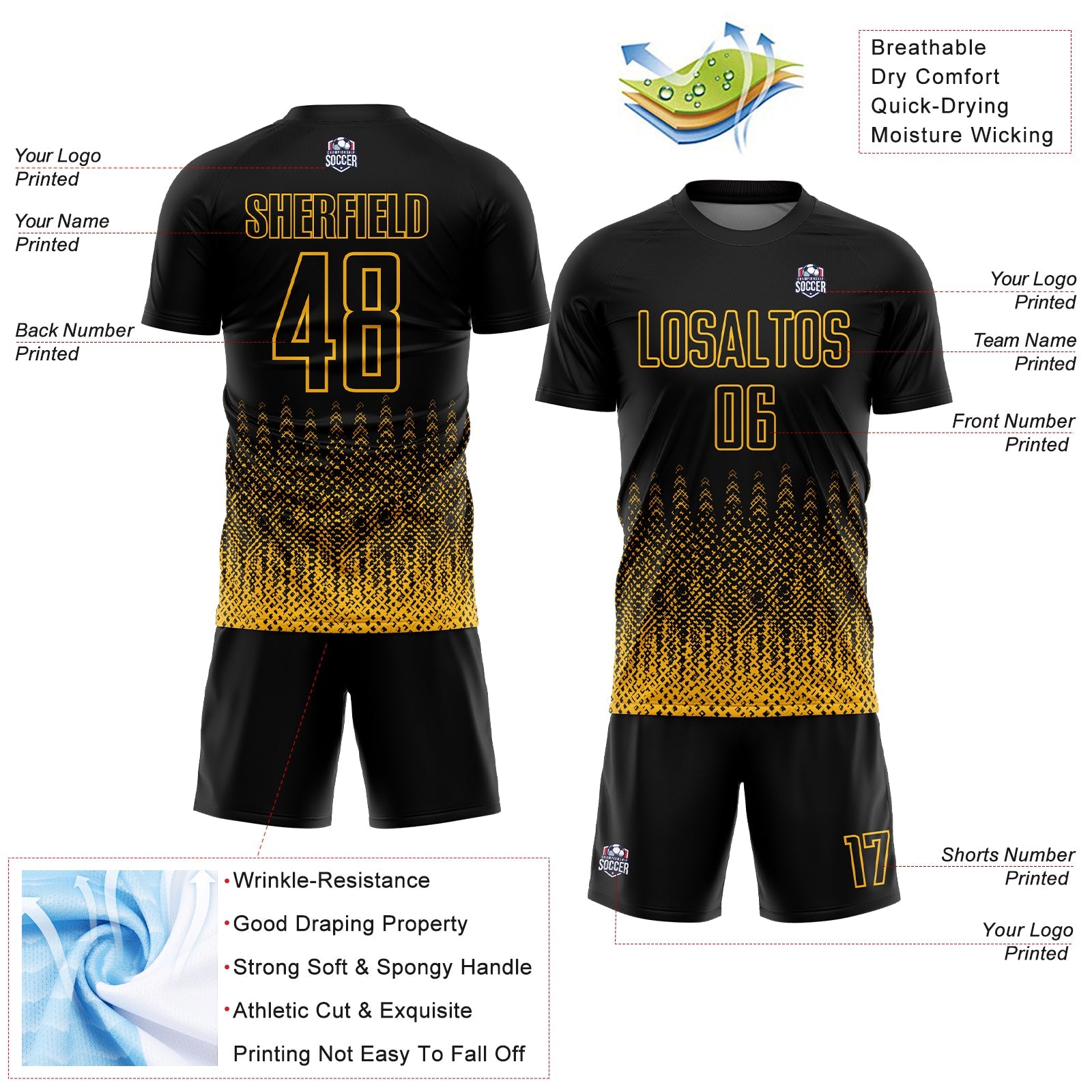Custom Black Gold Geometric Shape Sublimation Soccer Uniform Jersey view 4