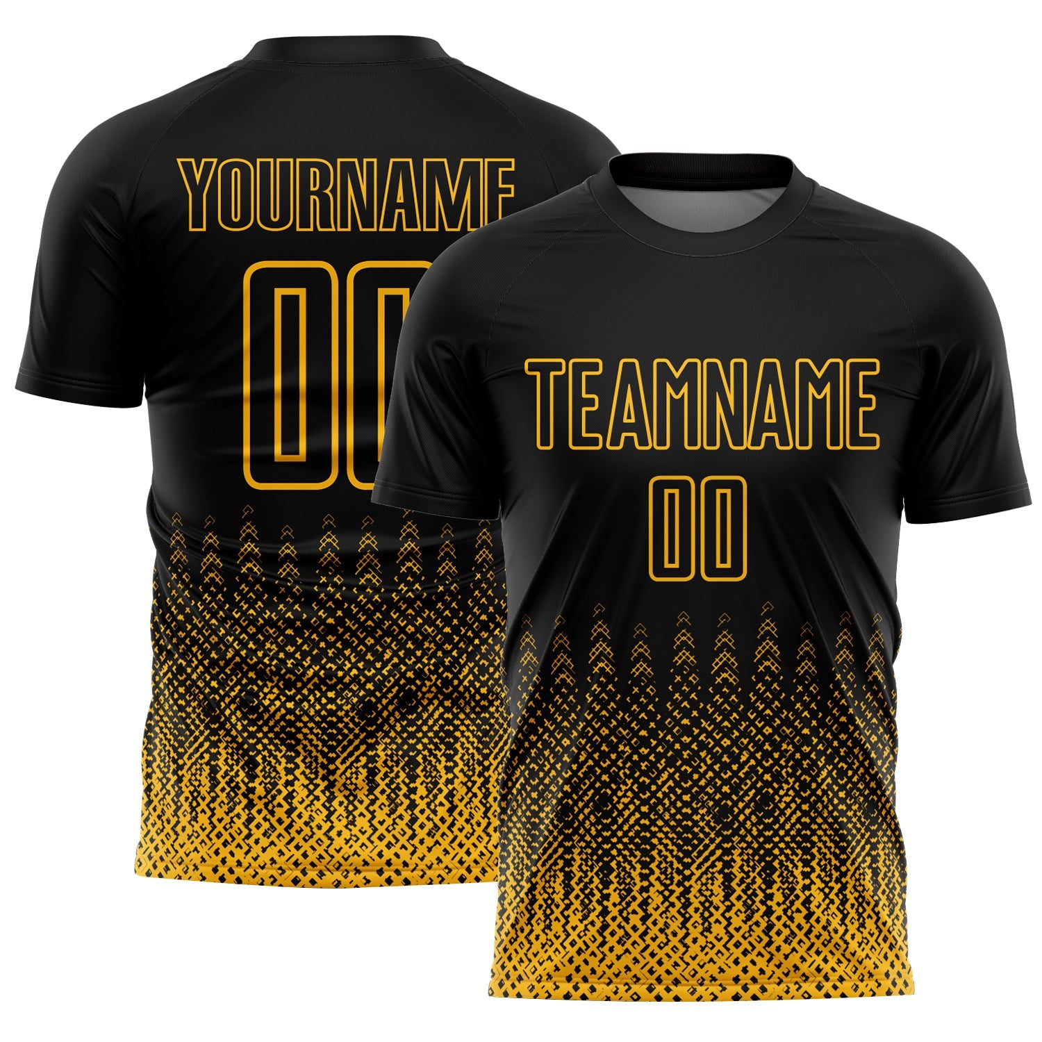 Custom Black Gold Geometric Shape Sublimation Soccer Uniform Jersey - Main View
