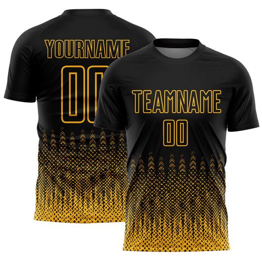 Custom Black Gold Geometric Shape Sublimation Soccer Uniform Jersey - Main View