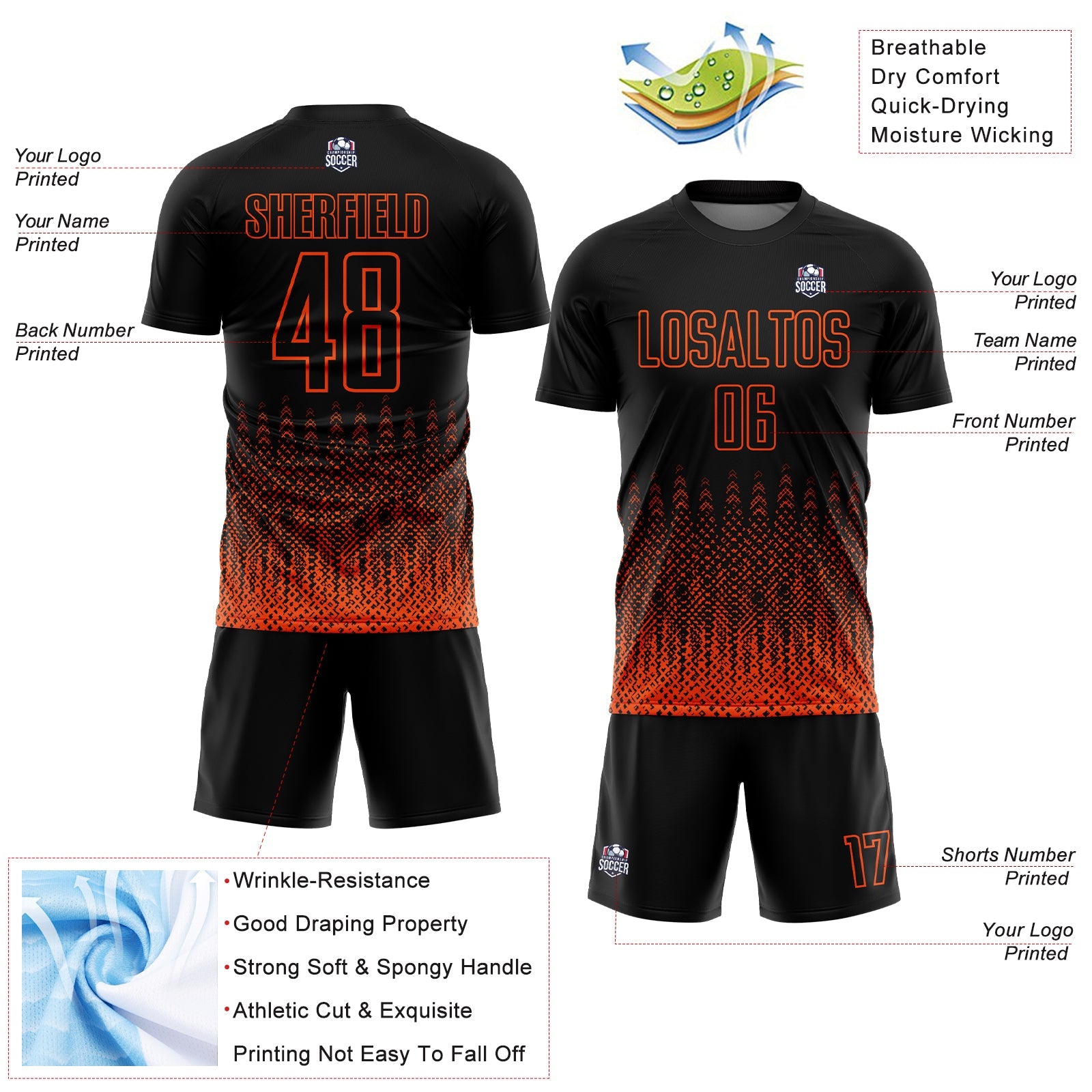 Custom Black Orange Geometric Shape Sublimation Soccer Uniform Jersey view 4