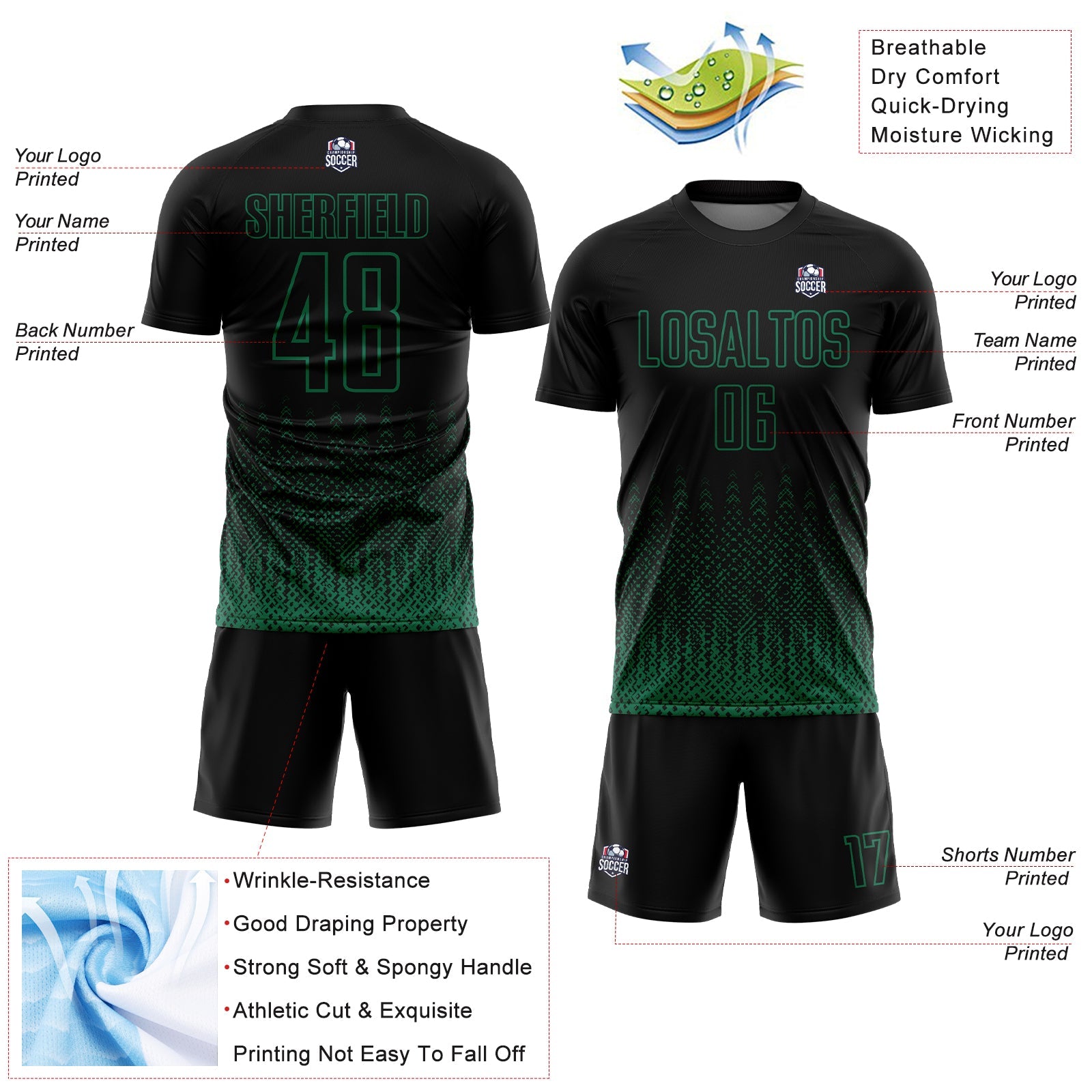 Custom Black Kelly Green Geometric Shape Sublimation Soccer Uniform Jersey view 4