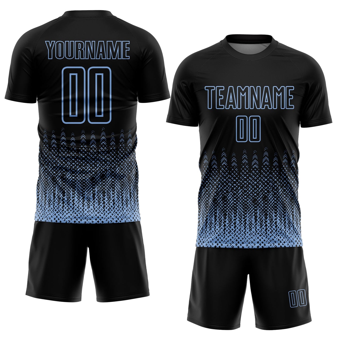 Custom Black Light Blue Geometric Shape Sublimation Soccer Uniform Jersey view 2