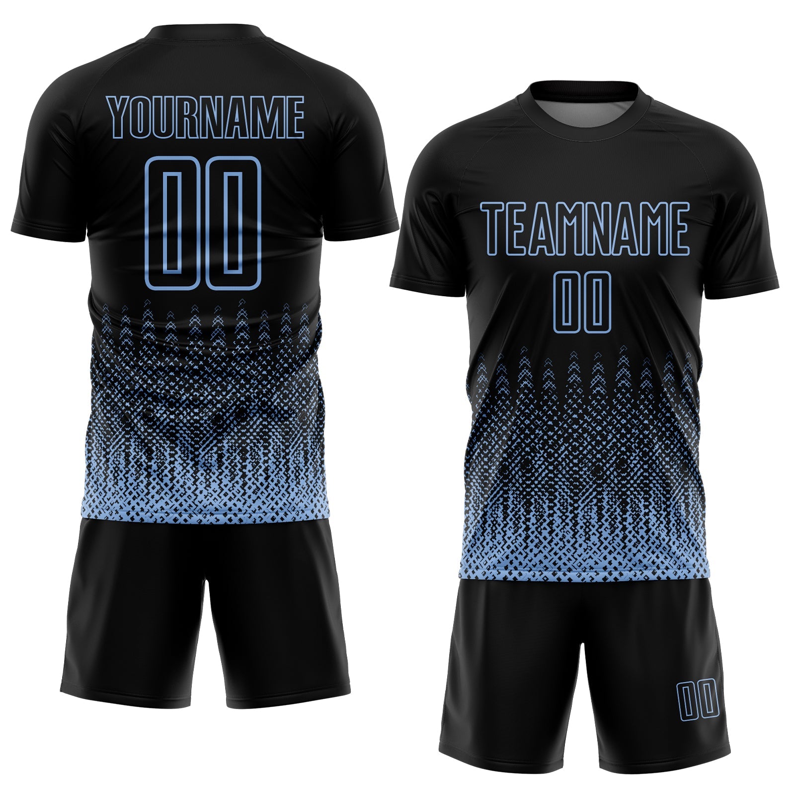 Custom Black Light Blue Geometric Shape Sublimation Soccer Uniform Jersey view 2