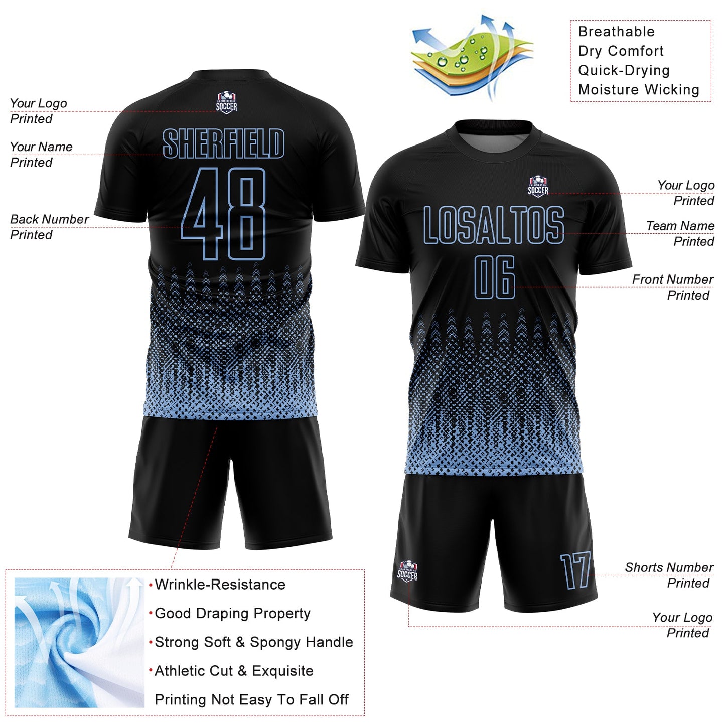 Custom Black Light Blue Geometric Shape Sublimation Soccer Uniform Jersey view 4